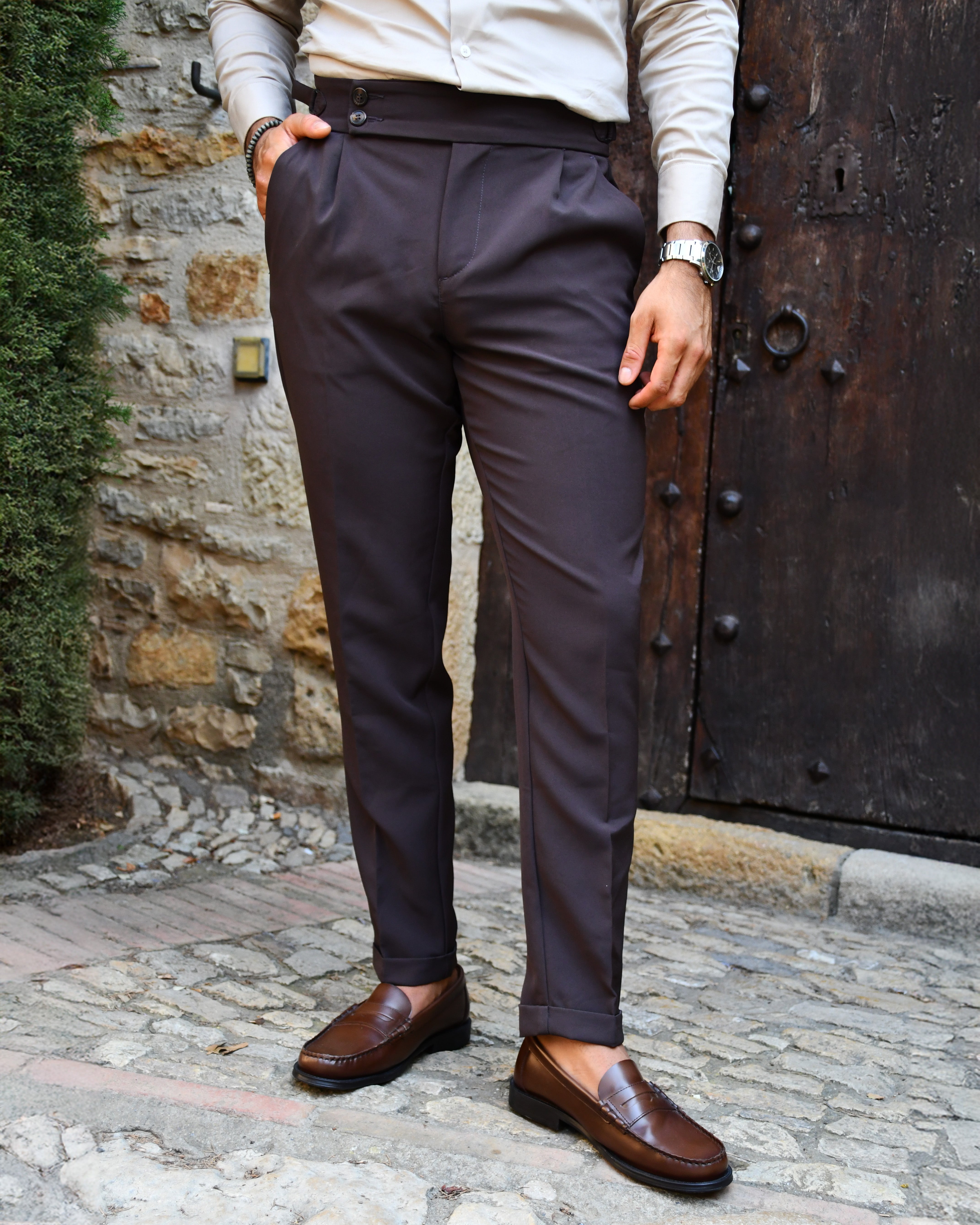 Pantalon met verstelbare riem bruin