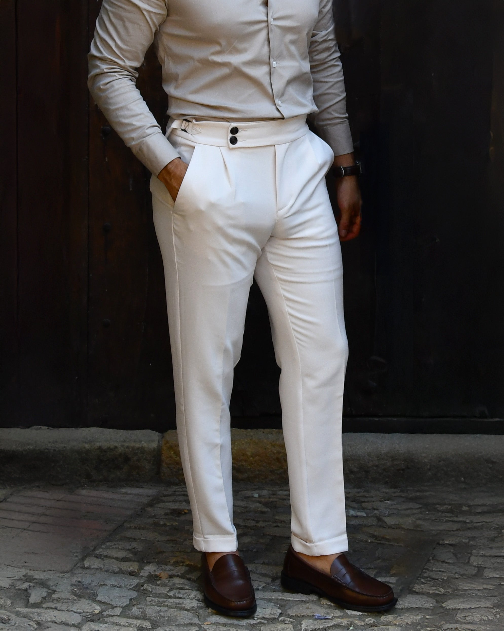 Pantalon met verstelbare riem wit